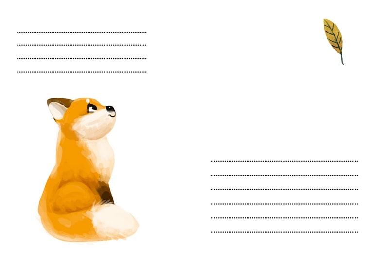 Watercolor fox cub sitting in profile, glancing back with a single golden leaf, on an envelope