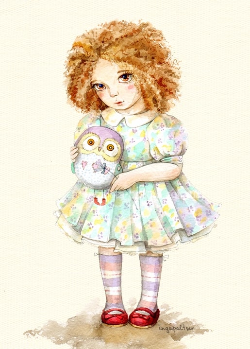 Illustrated postcard of a curly-haired girl in a floral dress hugging a plush owl