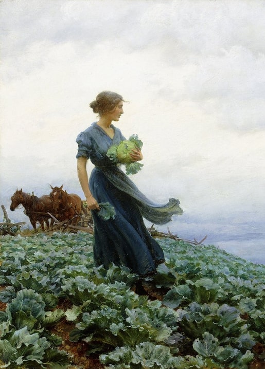 Woman in a blue dress gathering cabbages on a hilltop field, plough horses waiting behind her