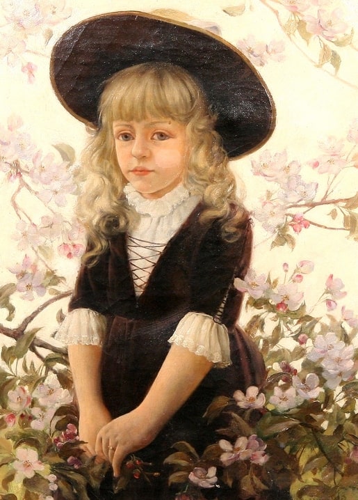 Charles Courtney Curran painting of a girl in a wide dark hat among pink apple blossom branches