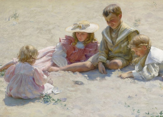 Four children play on the beach — girl in a straw hat, boy in a sailor suit, two younger ones nearby