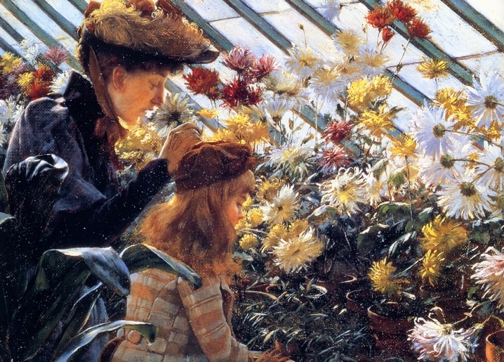 Frau und Mädchen zwischen weißen, gelben und roten Chrysanthemen im Gewächshaus, Gemälde von Charles Courtney Curran