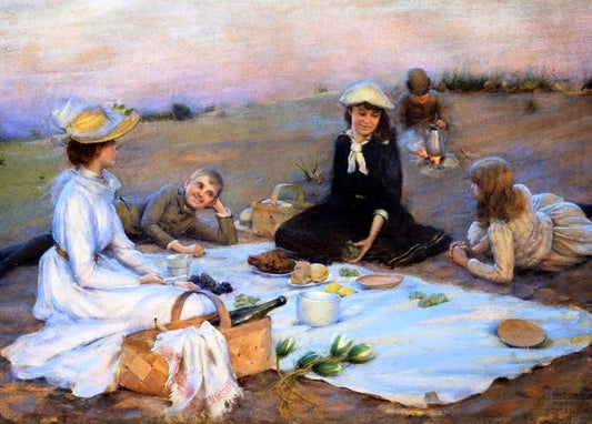 Charles Courtney Curran painting of women and children picnicking on sand dunes at dusk