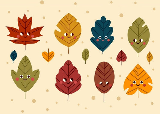 Set kawaii-artiger Herbstblätter — Ahorn, Eiche, Birke — mit lächelnden Gesichtern und roten Wangen