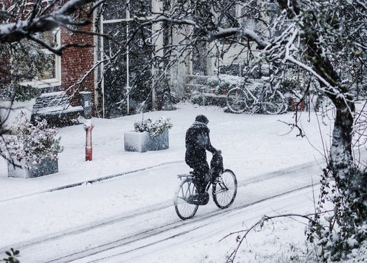 Cyclist riding through falling snow past brick townhouses and parked bicycles