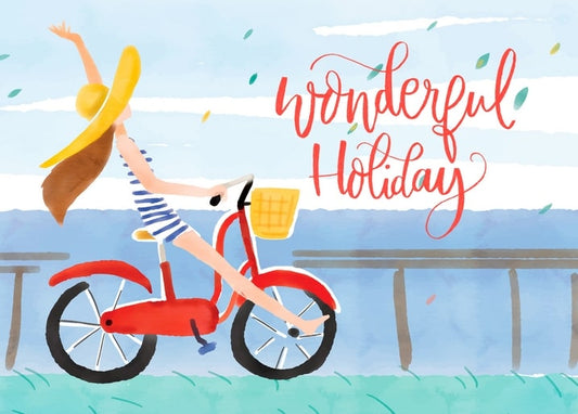 Watercolor woman waving from a red bicycle by the sea in a yellow sunhat