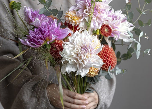 Hände halten einen Strauß aus rosa und weißen Dahlien mit Eukalyptus und trockenen Gräsern