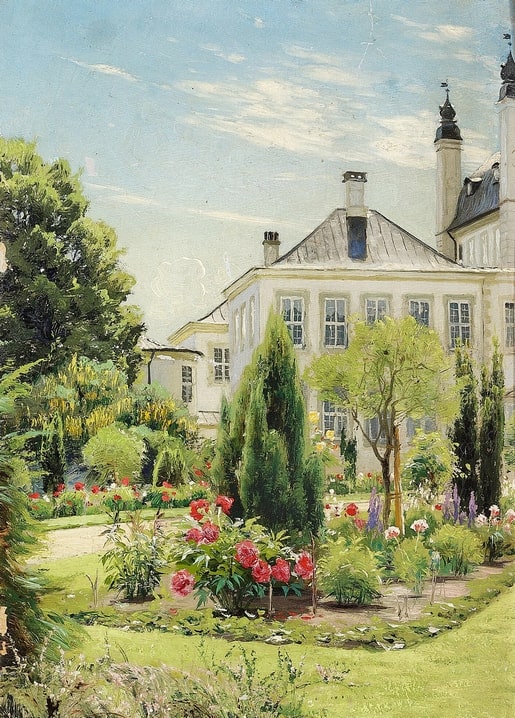 Gemälde eines dänischen Gutshauses mit Türmen hinter einem Sommergarten voller Pfingstrosen