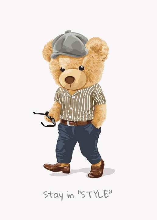 Illustrierter Teddybär mit Schiebermütze, Streifenhemd und Jeans