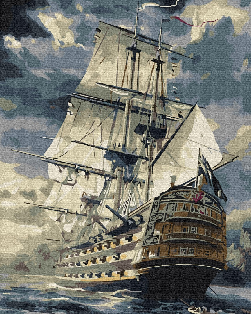 Paint-by-numbers canvas of a dark brigantine under full sail battling a stormy grey sea
