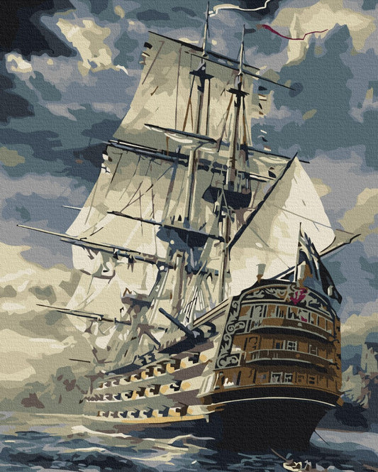 Paint-by-numbers canvas of a dark brigantine under full sail battling a stormy grey sea