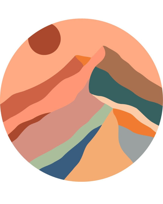 Round paint-by-numbers canvas of coral mountains under a dark moon disk