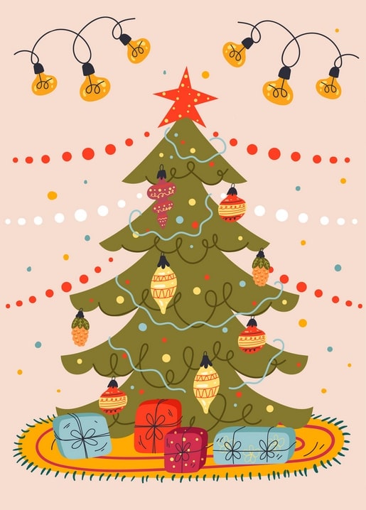 Illustrated Christmas tree with striped ornaments and wrapped gifts on a fringed rug