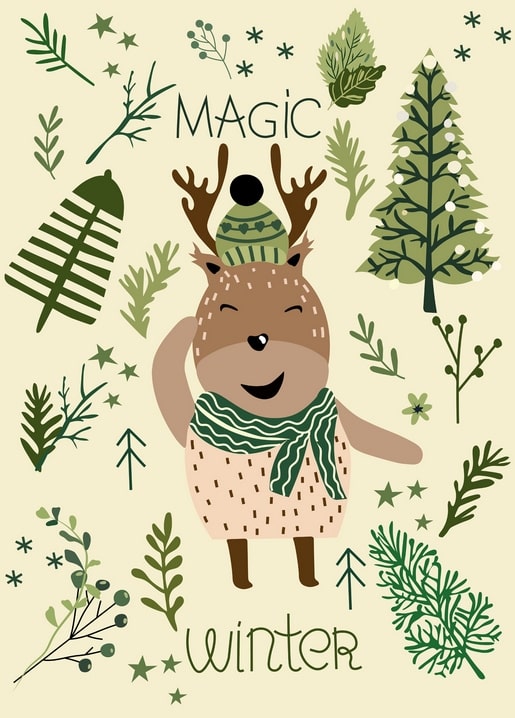Cartoon deer in a green knit hat and striped scarf among pine branches and berries