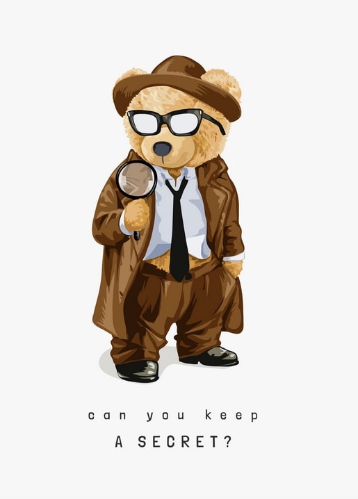 Teddy bear detective in trench coat and glasses holding a magnifying glass