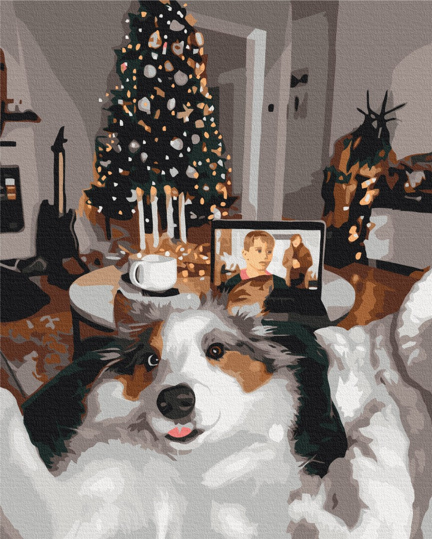 Hund in eine Decke gehüllt beim Weihnachtsvideoanruf, Design von Oksana Vorobiy