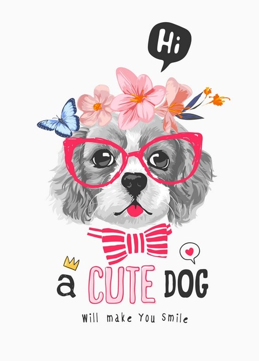 Fluffy spaniel wearing pink glasses and a crown of pink flowers with a blue butterfly