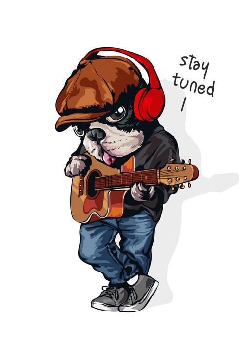 Illustrated dog in a flat cap and red headphones playing acoustic guitar