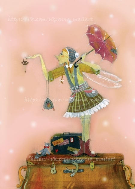 Illustrated dragonfly-winged fairy holding an umbrella and key atop a vintage travel trunk in pink snow