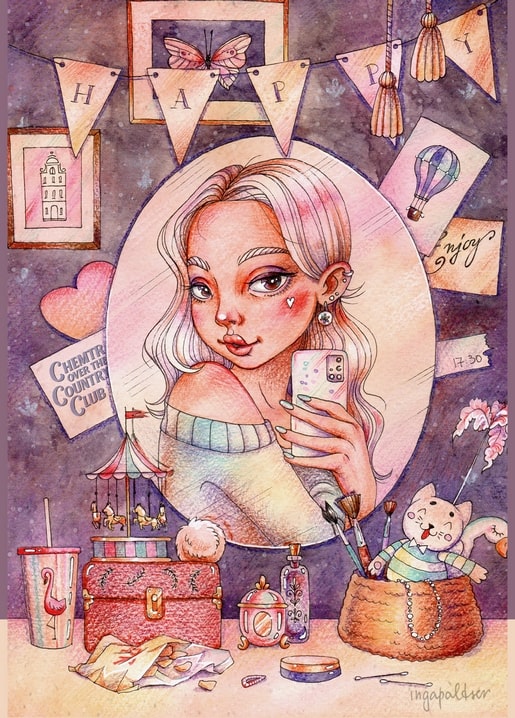 Watercolour illustration of a girl taking a mirror selfie at a cluttered dressing table
