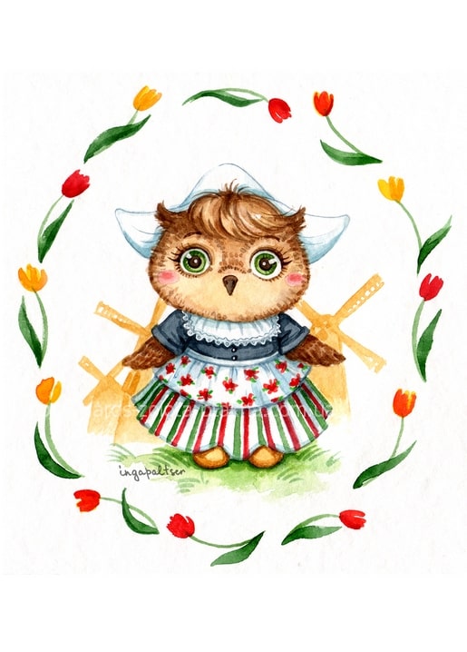 Watercolor owl in Dutch folk costume standing in a tulip wreath with windmills behind her