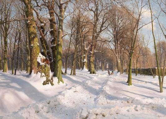 Snow-covered ancient oaks in Dyrehaven royal park by Peder Mønsted, a tiny figure walking the path