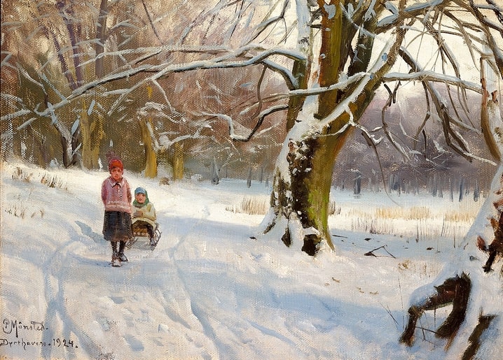 Girl pulling a younger child on a wooden sled through snowy Dyrehaven beech forest, 1924 painting by Mønsted