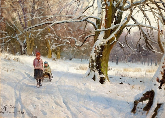 Girl pulling a younger child on a wooden sled through snowy Dyrehaven beech forest, 1924 painting by Mønsted
