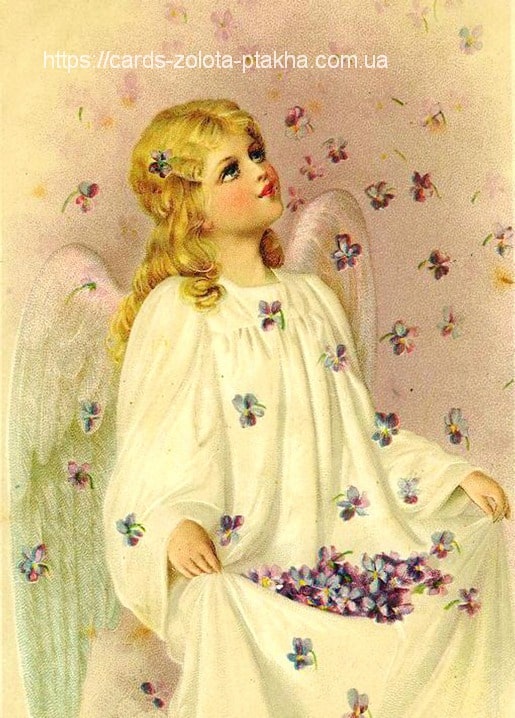 Engel im weißen Kleid, umgeben von fallenden Veilchenblüten
