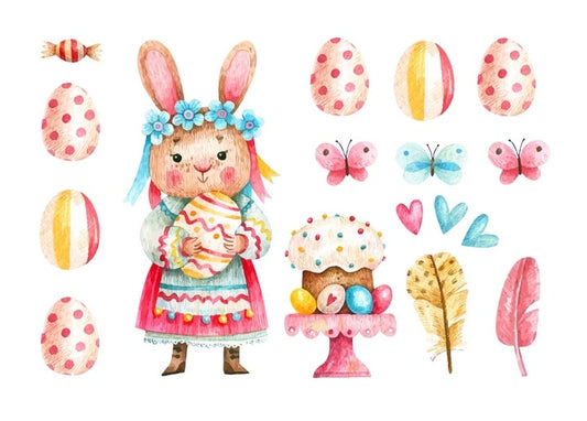 Watercolor Easter set with flower-crowned bunny, painted eggs, butterflies, and paska cake