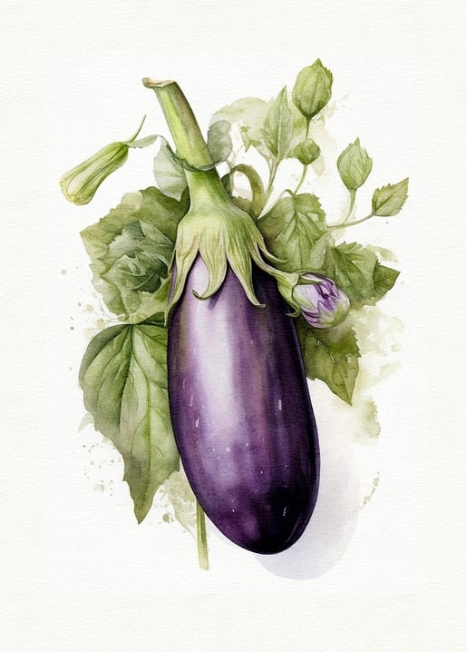 Watercolor painting of a single purple eggplant with its green calyx and leaves