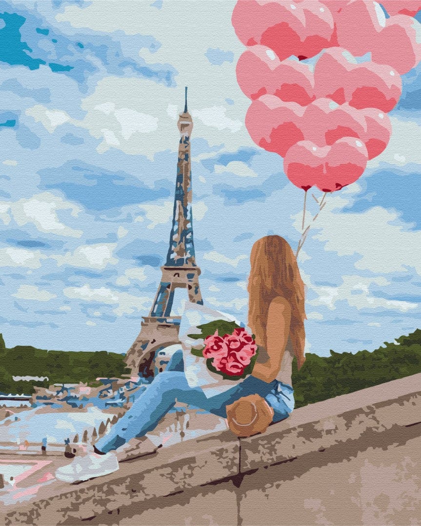 Paint-by-numbers scene of a woman with pink heart balloons and roses facing the Eiffel Tower