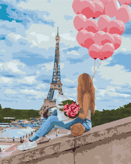 Paint-by-numbers scene of a woman with pink heart balloons and roses facing the Eiffel Tower