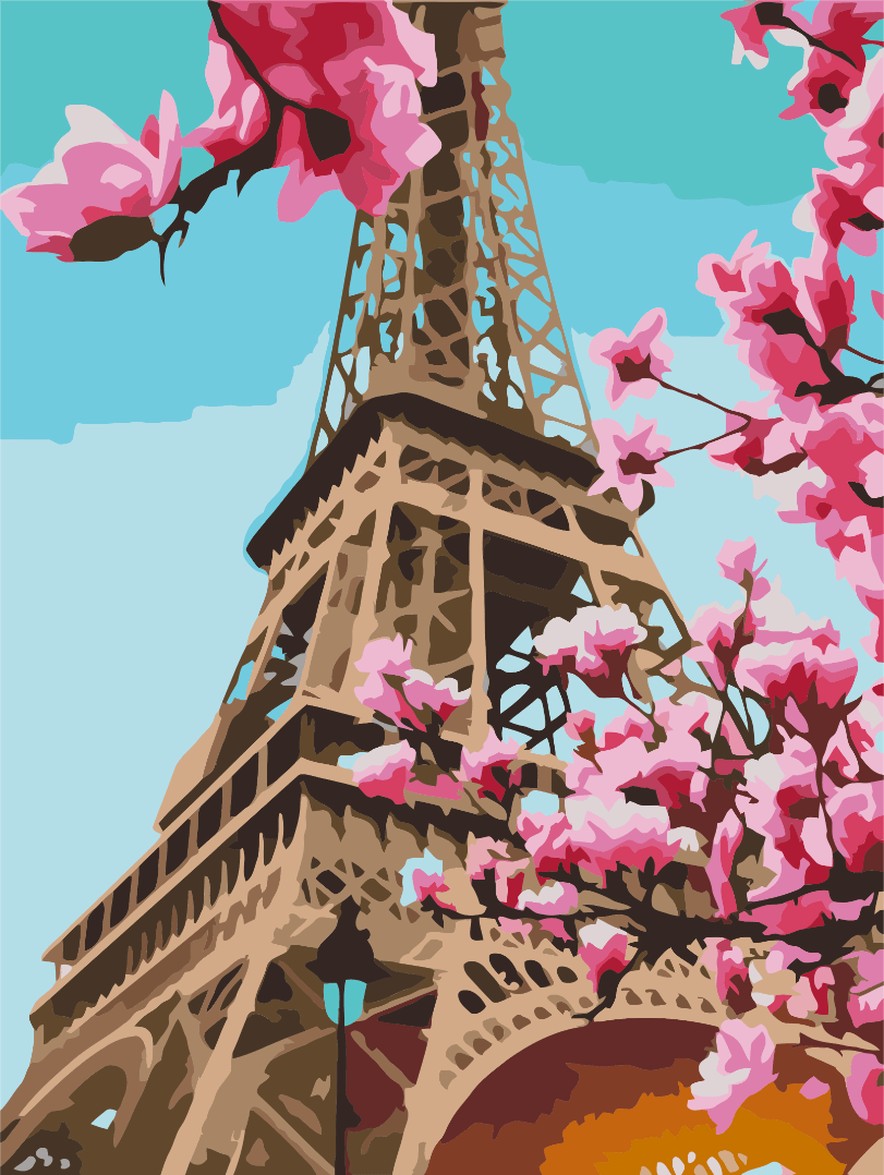 Eiffel Tower framed by blooming pink cherry branches against a teal sky