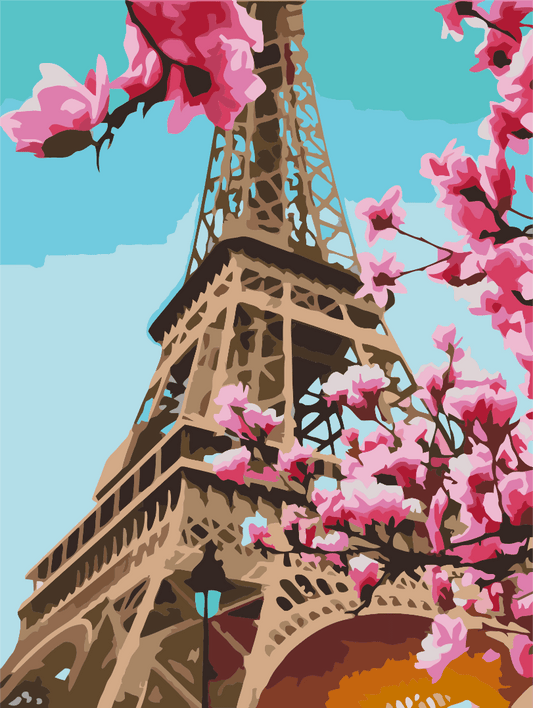 Eiffel Tower framed by blooming pink cherry branches against a teal sky