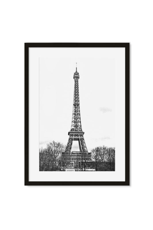Black-and-white photo of the Eiffel Tower rising above bare winter trees