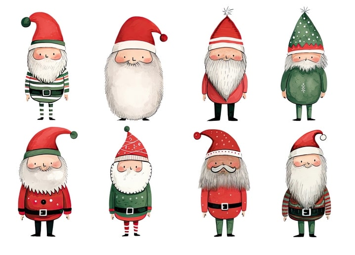 Acht illustrierte Weihnachtsmänner in verschiedenen gestreiften, gepunkteten und schneeflockigen Outfits