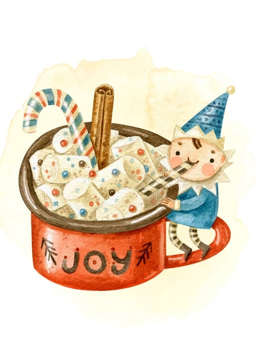 Aquarell-Elf trinkt Kakao aus einer roten Tasse mit Marshmallows und Zuckerstange