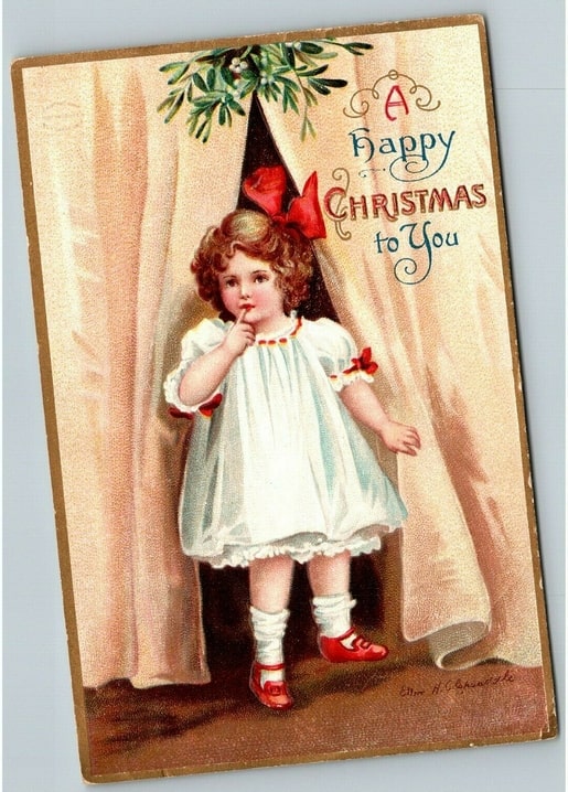 Christmas postcard by Ellen H. Clapsaddle showing a girl peeking from behind a curtain under mistletoe