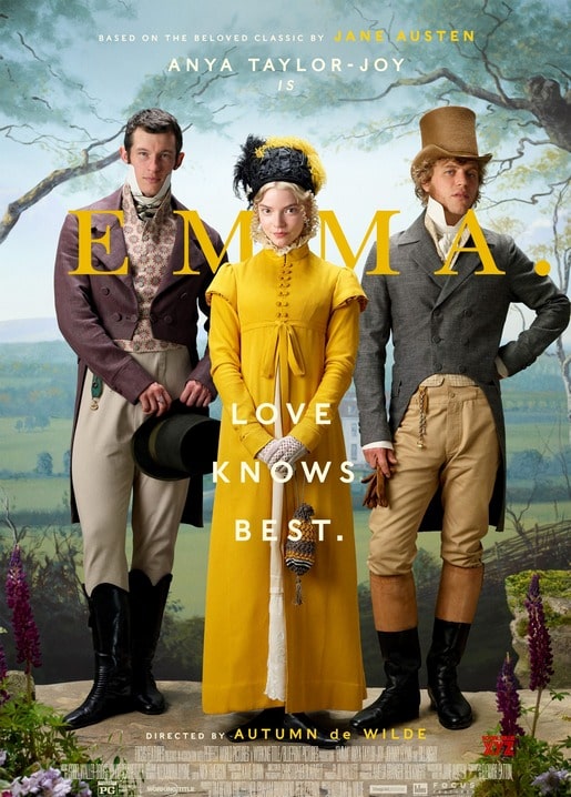 Filmpostkarte zu Emma. mit Anya Taylor-Joy im goldgelben Kleid zwischen zwei Verehrern