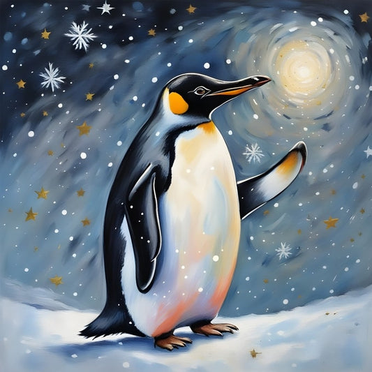 Watercolor emperor penguin standing under a starry winter night sky with gold stars