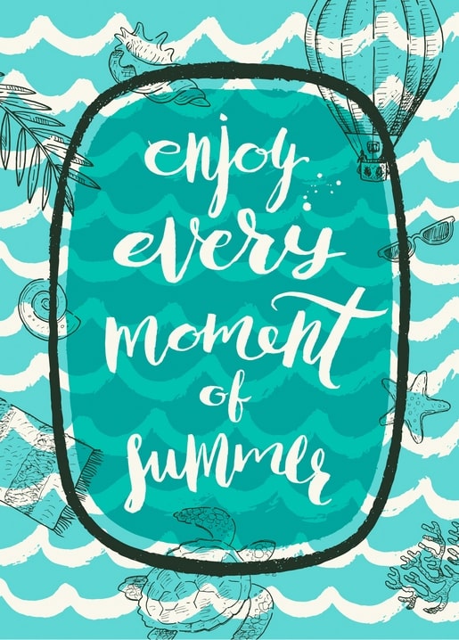 Hand-lettered “Enjoy every moment of summer” postcard with a turtle and hot air balloon on teal waves