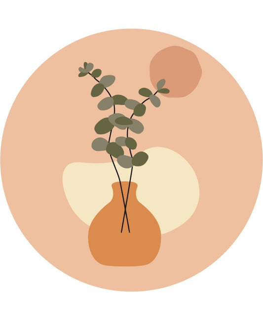 Round paint-by-numbers canvas of eucalyptus branches in a terracotta vase