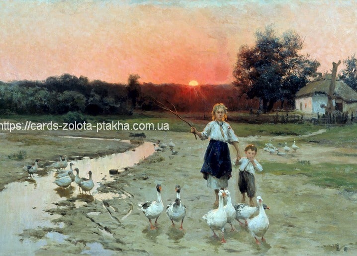 Mädchen und jüngerer Bruder treiben Gänse bei Sonnenuntergang im ukrainischen Dorf heim