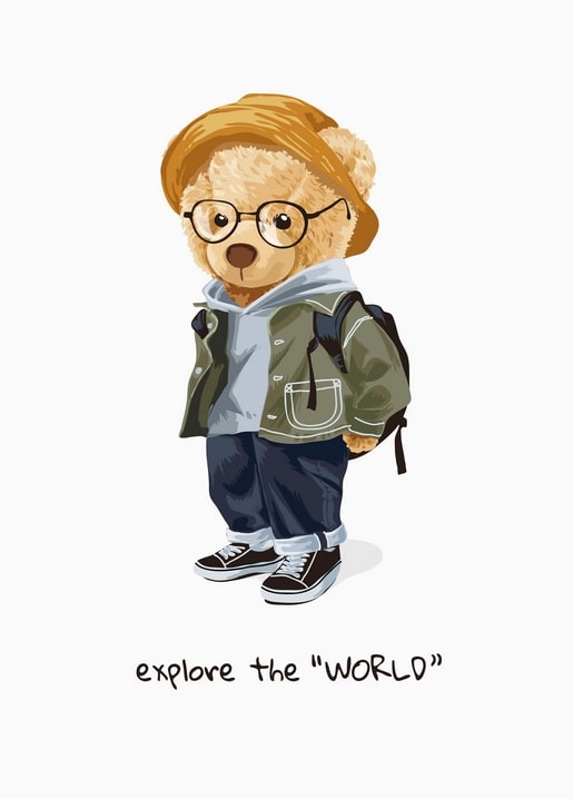 Teddybär als Entdecker mit Buschhut, Brille und Rucksack auf weißem Hintergrund