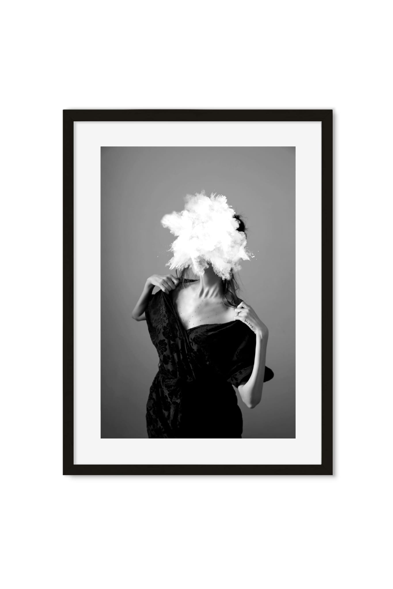 Black-and-white portrait of a woman in velvet, her face replaced by a burst of white cloud