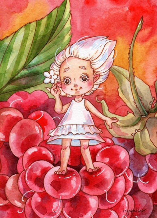 Watercolor fairy girl standing on a pile of glossy cherries with a white flower