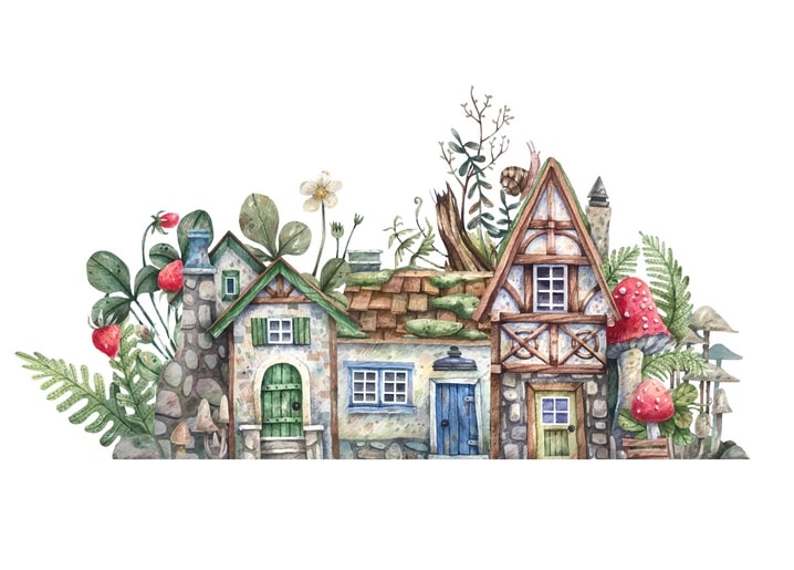 Watercolor fairy-tale stone cottages with mossy roofs, ferns, and red toadstools
