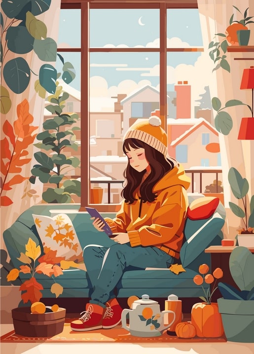 postcard autumn illustration girl