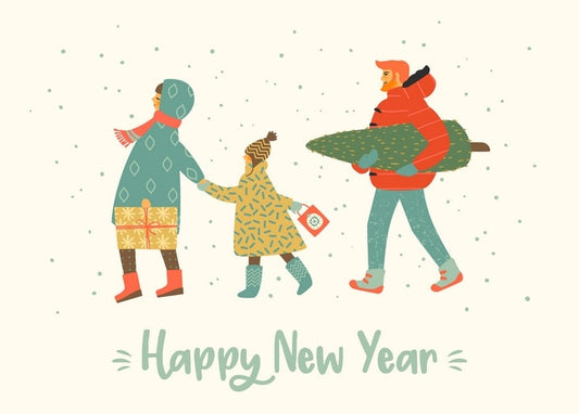 Mother, child, and father walking home in the snow with gifts and a Christmas tree